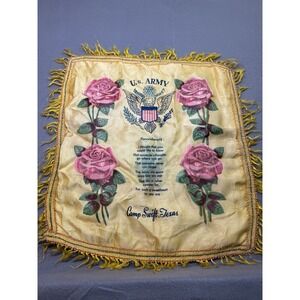 VTG US Army Sweetheart Rose Fringed Satin Pillowcase Cover Fort Swift Texas